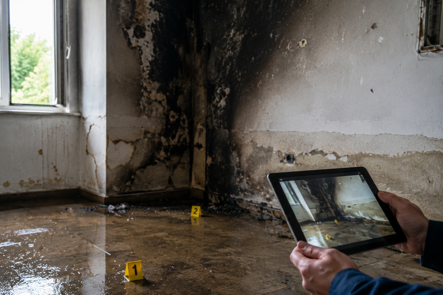 Documentazione tecnica di danni da incendio e allagamento in un ambiente